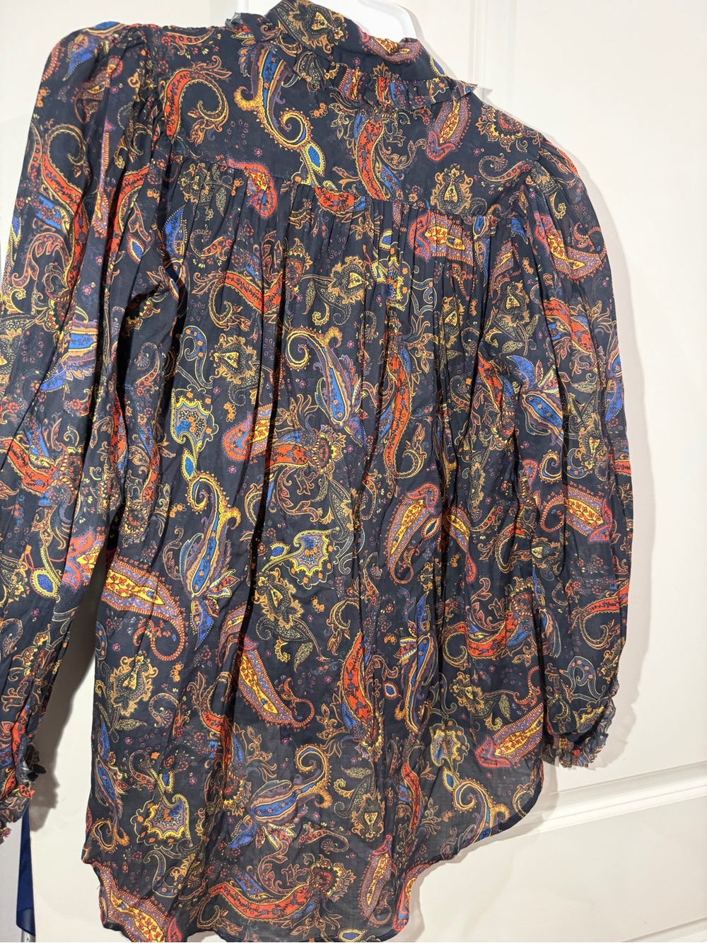 Maje Paisley-print Ruffled Cotton Shirt In Navy- Size 0 - Picture 12 of 14